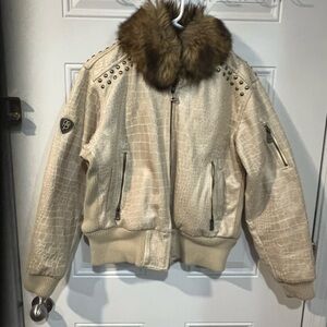 Faux Croc Leather Jacket with Fur Collar